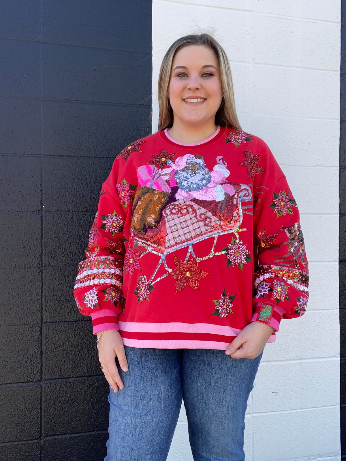 Red & Pink Vintage Poinsettia Santa Sweatshirt