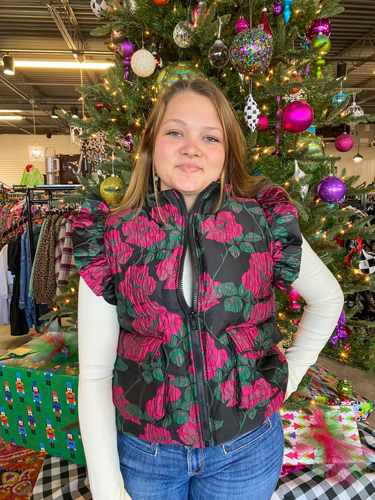 Black Floral Puffy Vest