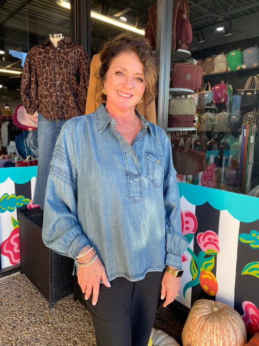 Denim Tuck Sleeve Popover