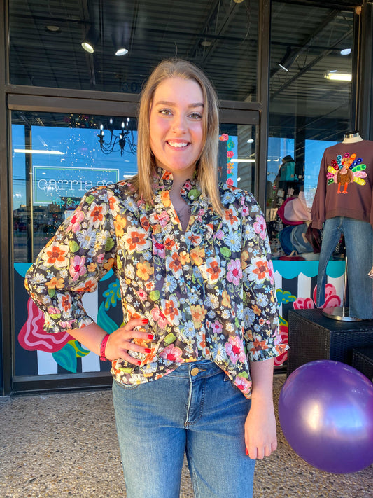 Plum Mosaic Ruffle Neck Blouse