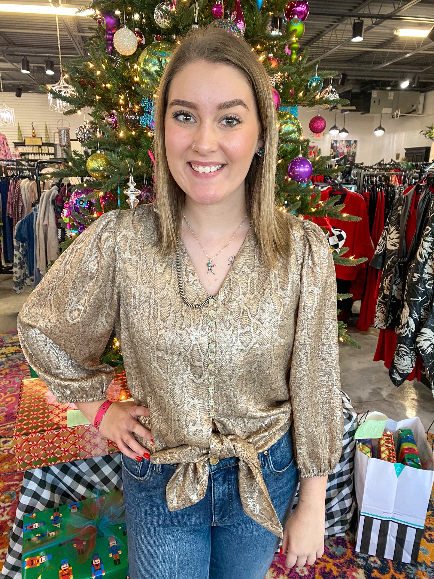 Gold Python Tie Front Top