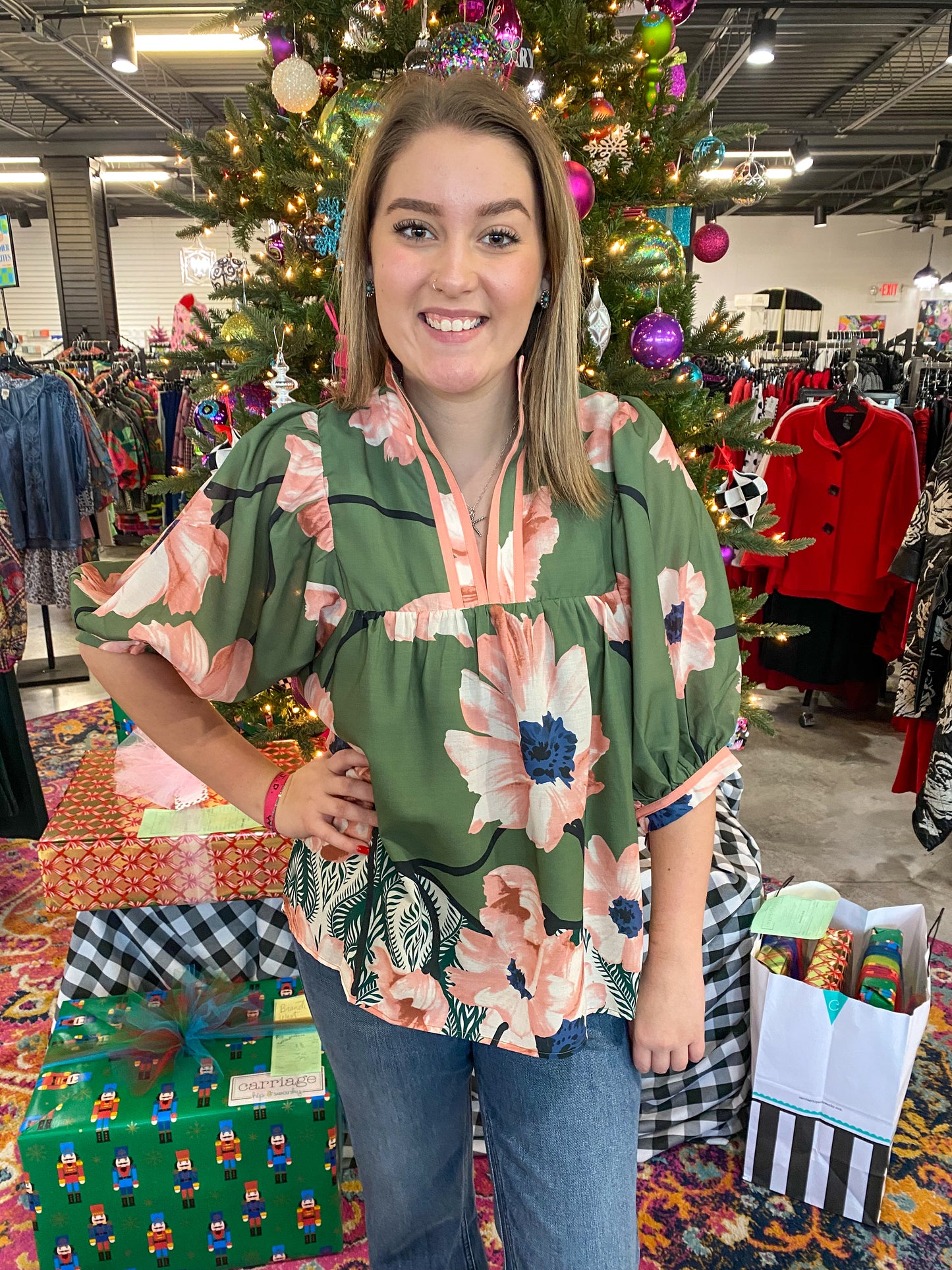 Olive Bloom Puff Sleeve Top