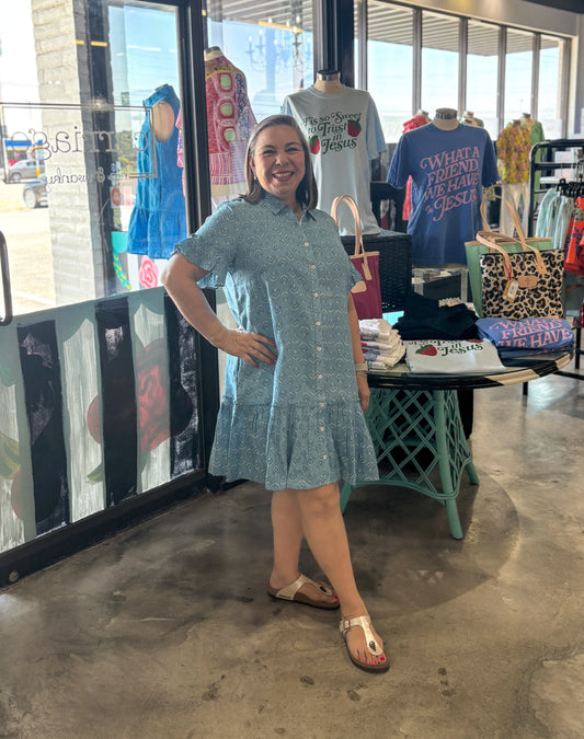 Blue Flounced Hem Shirt Dress