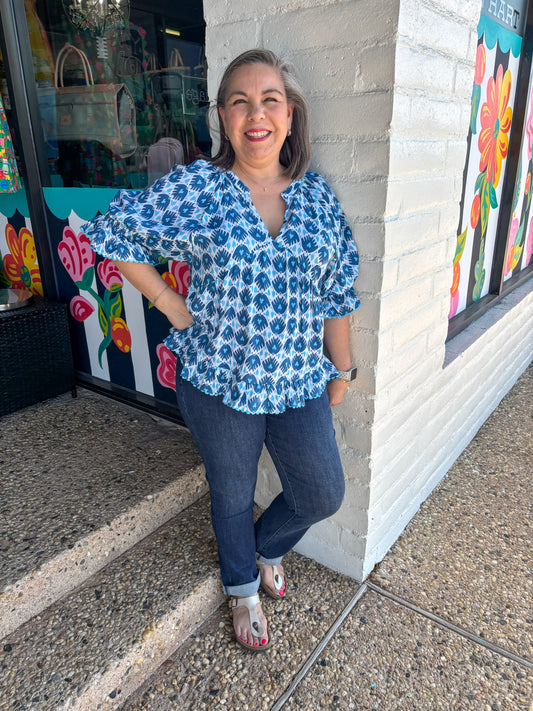 Blue Ikatching Peplum Top