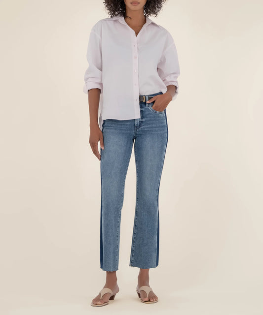 Kelsey High Rise Ankle Flare - Dark Wash Stripe