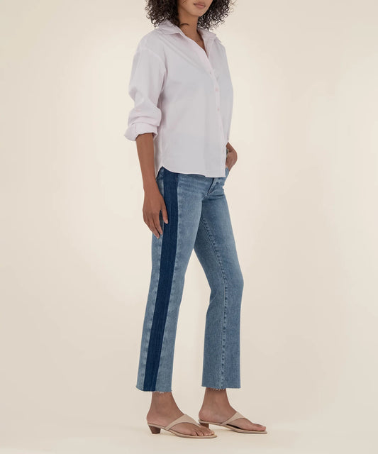 Kelsey High Rise Ankle Flare - Dark Wash Stripe