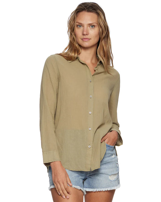 Split Back Woven Sage Button-up