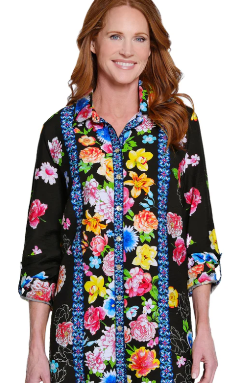 Black Flower Button Up Tunic