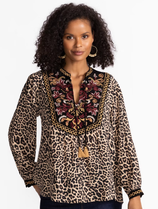 Chestnut Leopard Tassel Yoke Blouse