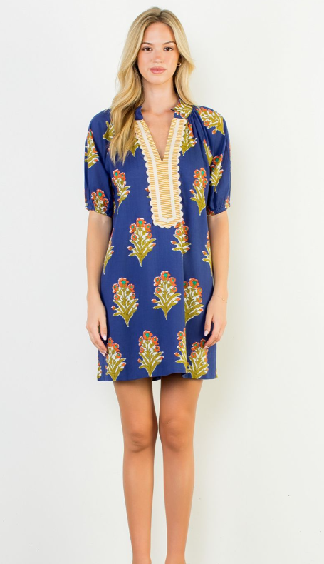 Navy Floral Print V-Neck Detail Dress