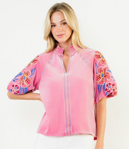 Pink Floral Embroidered Puff Sleeve Velvet Top