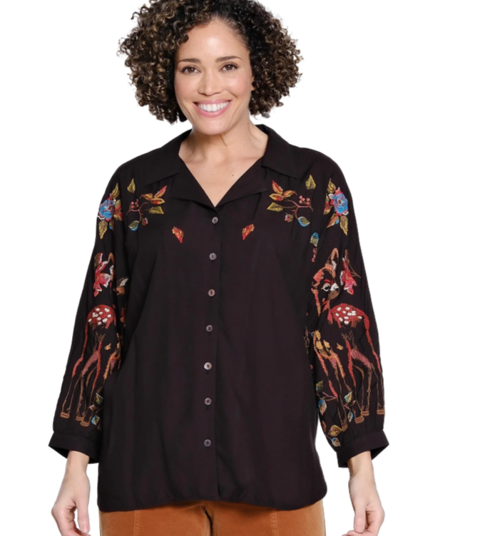 Black Dolman Sleeve Embroidered Button Shirt