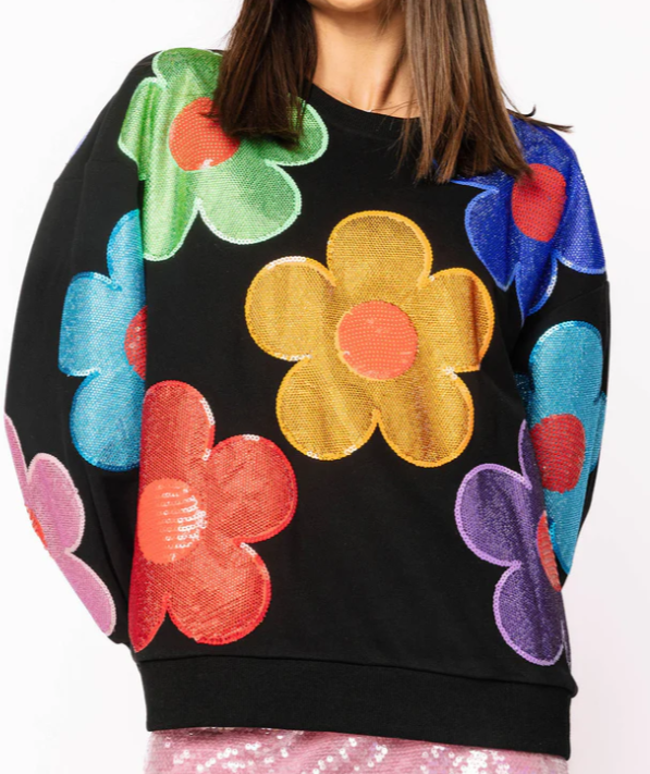 Black Multi Oversized Rhinestone Flower Sweatshirt