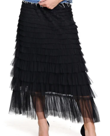 Black Tiered Tulle Lined Pull On Skirt