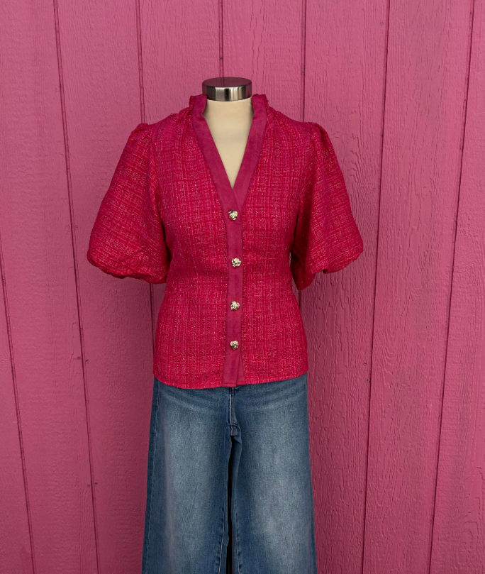 Puff Sleeve Tweed Knit Top