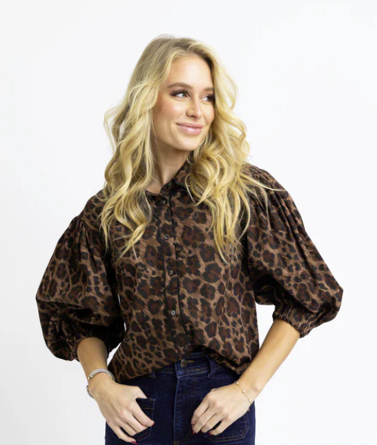 Leopard Poplin Ric Rac Button Top