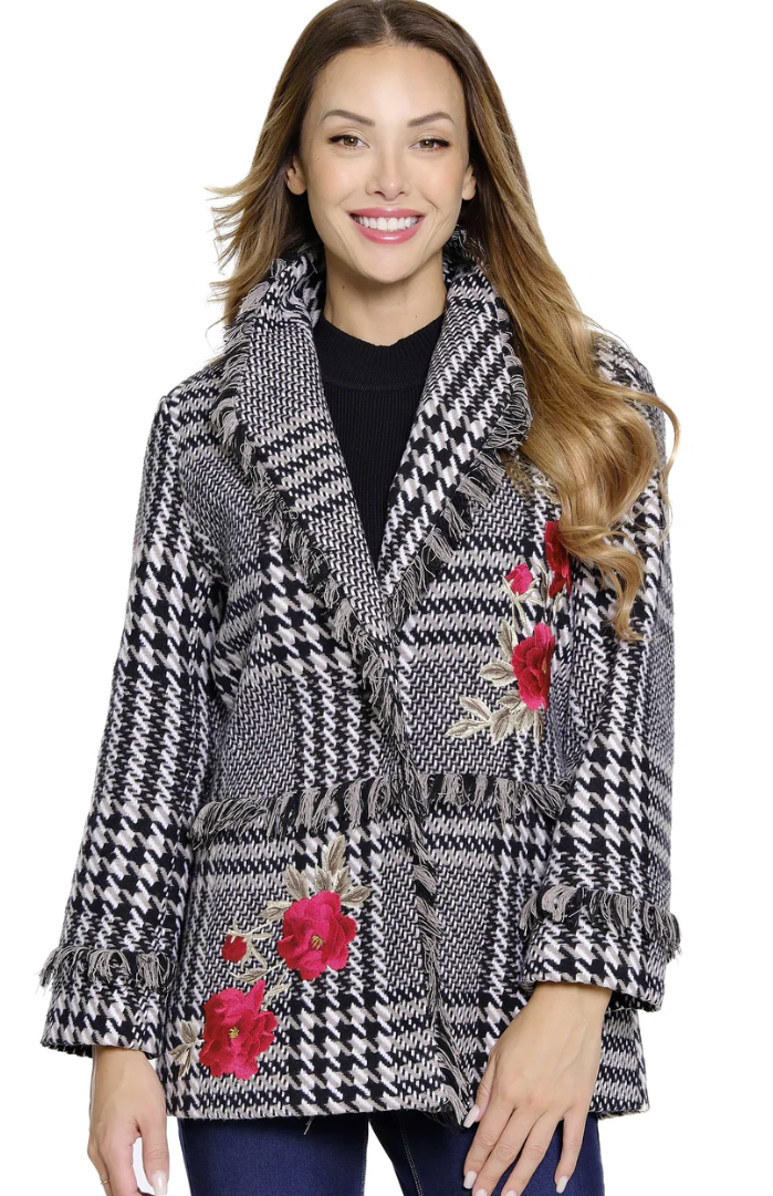 White & Black Plaid Tweed Coat with Fringe