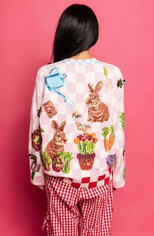 Pink & White Checkered Bunny Cardigan