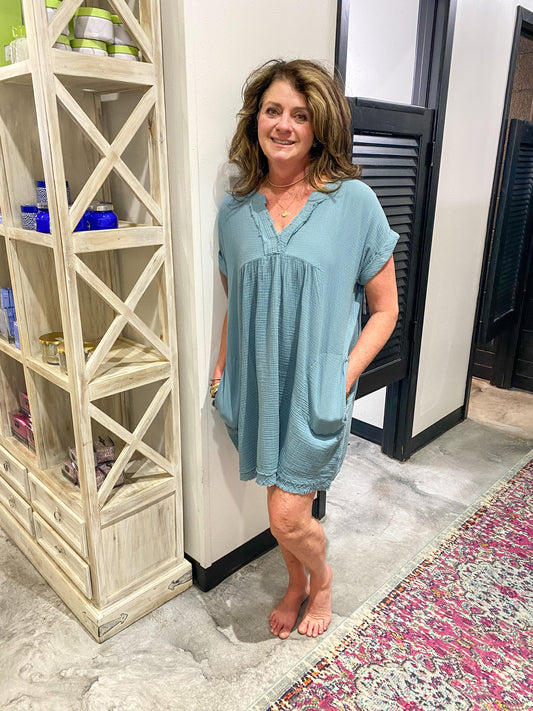 Blue Grey Gauze V-Neck Dress