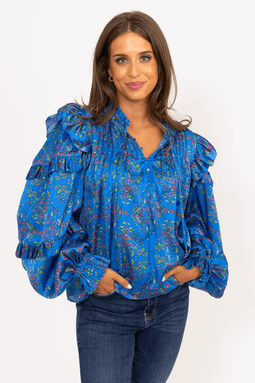 Floral Satin Ruffle Sleeve Top