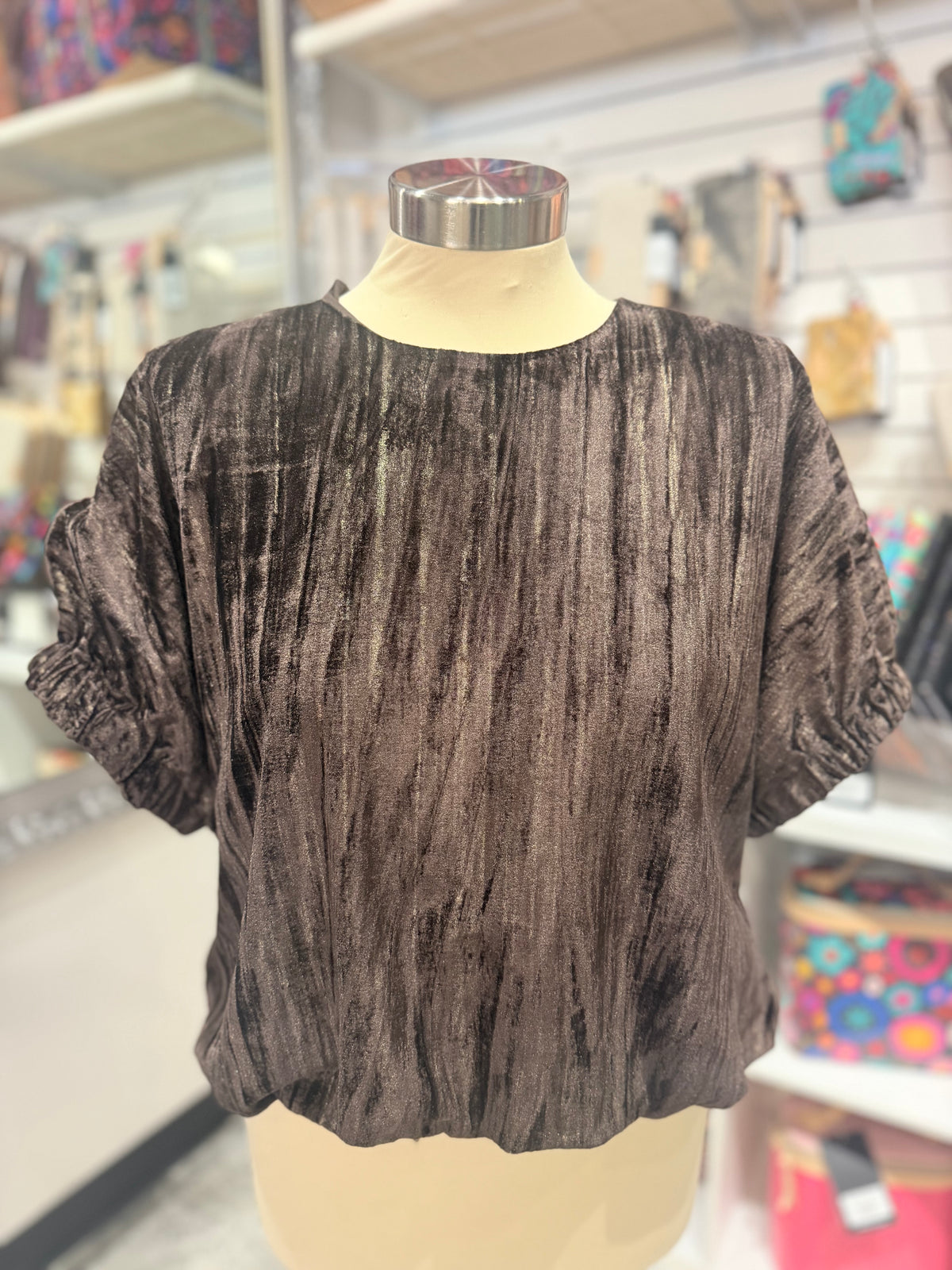 Brown Velvet Cinched Sleeve Top