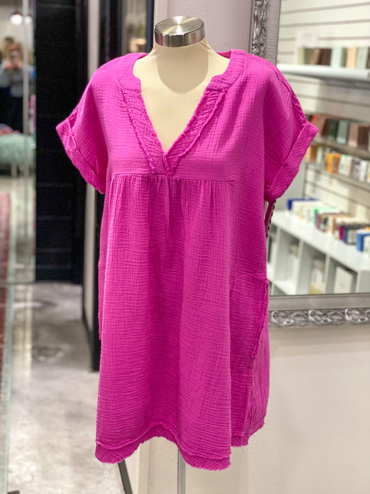 Neon Hot Pink Gauze V-Neck Dress