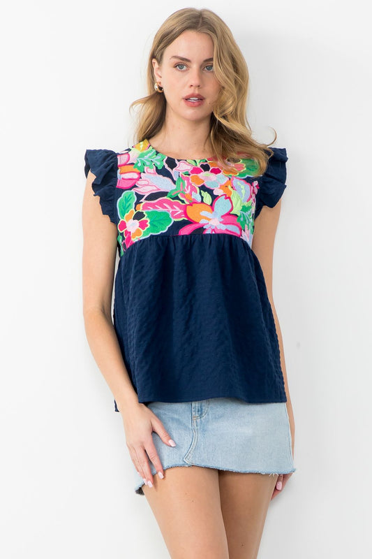 Navy Embroidered Texture Top