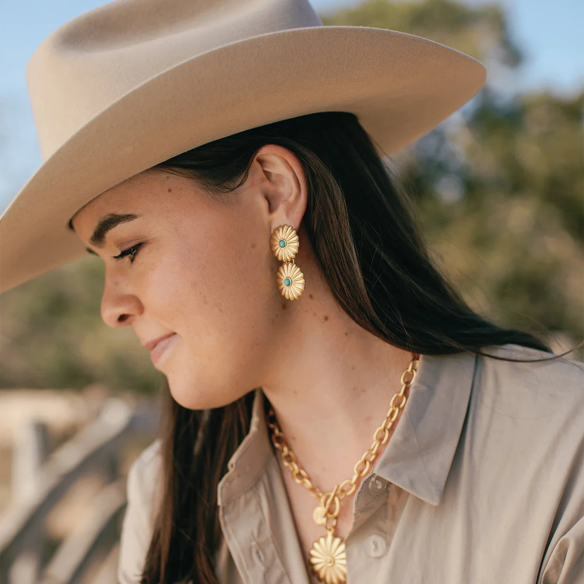 Gold Double Turquoise Concho Earrings