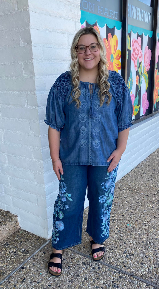 Indigo Smocked Sleeve Top