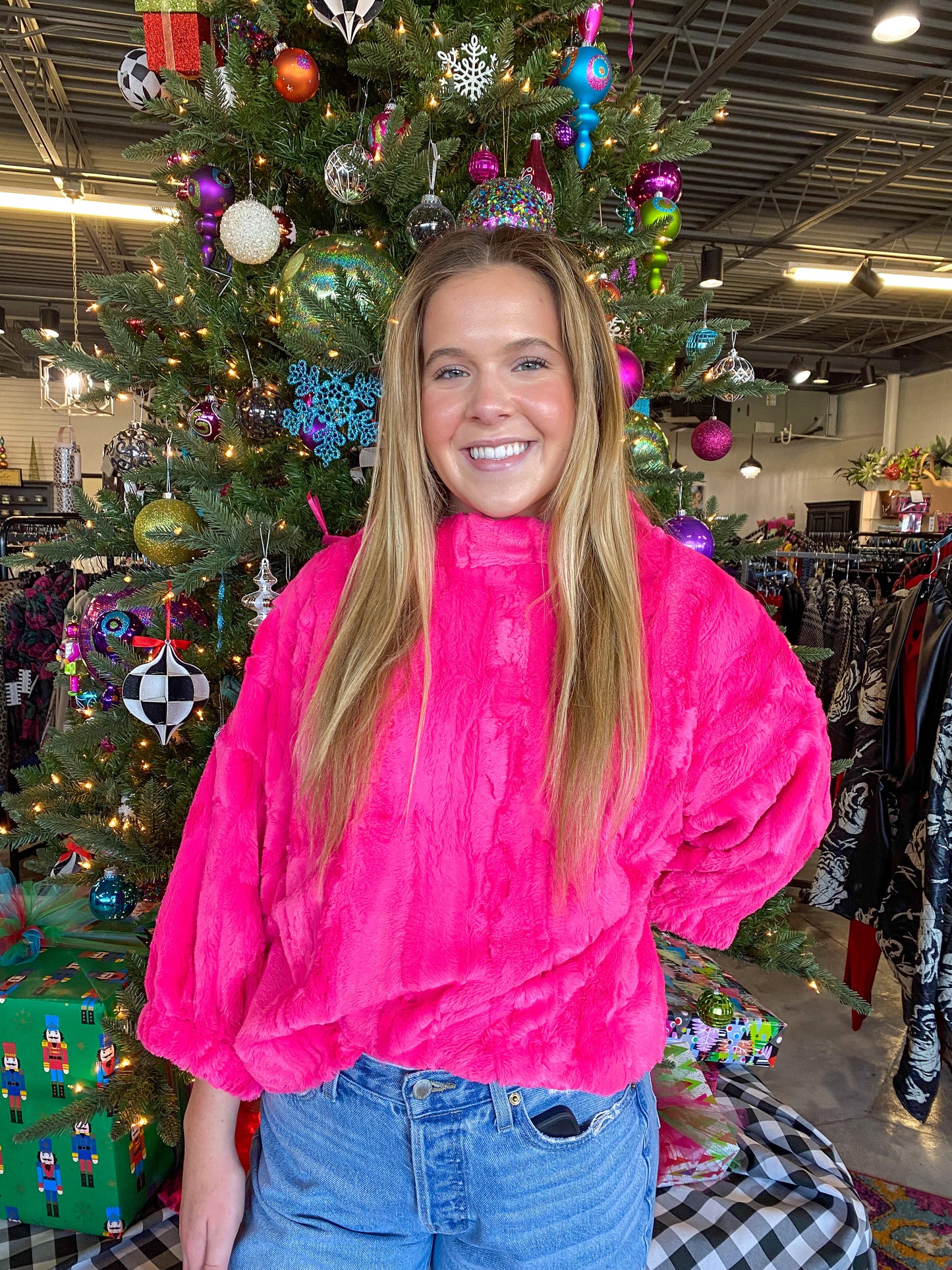 Pink Poof Sleeve Faux Fur Pop Over