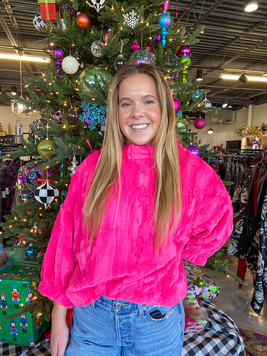 Pink Poof Sleeve Faux Fur Pop Over
