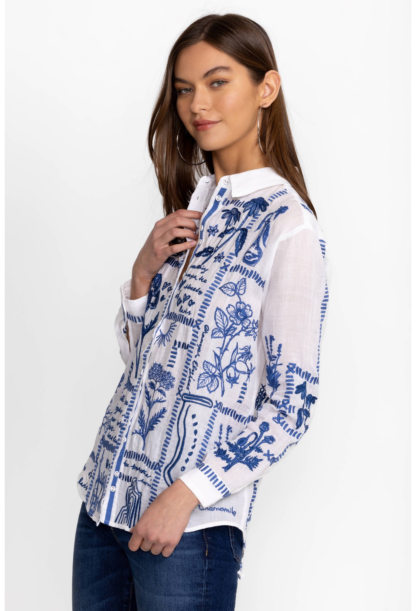 White Oversized Button-up with Embroidery