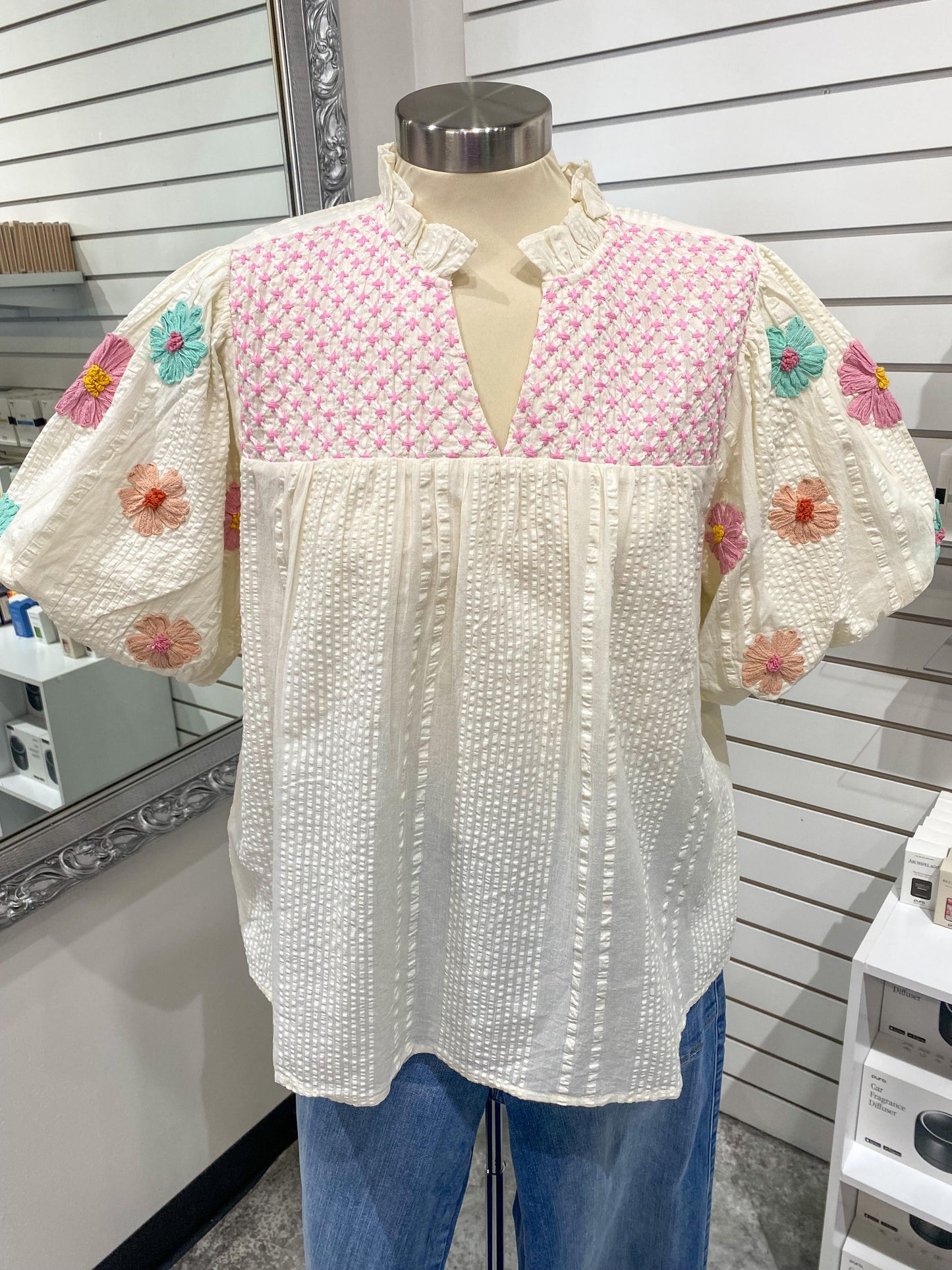 Puff Sleeve Embroidered Top